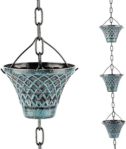 Rain Chains for Gutters Outside Downspouts Rain Catcher Diverter Metal Blue Plaid Outdoor Decorative, 8.5 FT