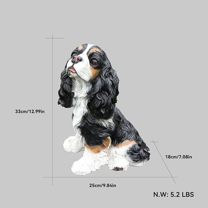 Cavalier King Charles Spaniel Dog Garden Statue with Solar Lantern, Interchangeable Welcome & On Patrol Signs, Resin Puppy Outdoor Decor Sculpture Lawn Ornament for Patio Yard Porch Gifts