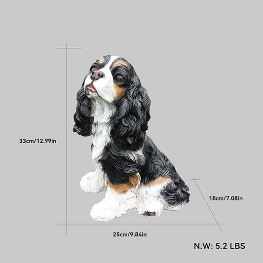 Cavalier King Charles Spaniel Dog Garden Statue with Solar Lantern, Interchangeable Welcome & On Patrol Signs, Resin Puppy Outdoor Decor Sculpture Lawn Ornament for Patio Yard Porch Gifts