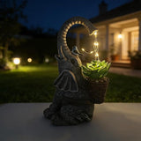 Solar Powered Garden Statue with LED Lights, Grey Stone Resin Elephant Planter, Decorative Outdoor Sculpture with Birds and Succulents,for Balcony, Garden, Patio, Yard, Lawn(Gray)