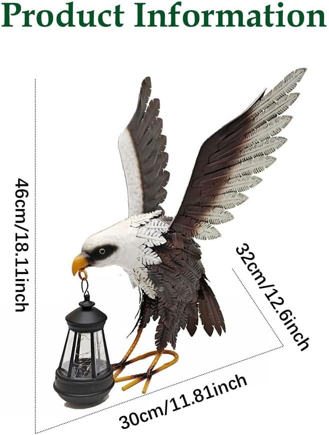 Outdoor Eagle Garden Statue with Solar Lantern, Hand Painted Iron Art Sculpture, Waterproof Yard Decor for Patio, Lawn, Courtyard and Holiday, Ideal Gift for Garden Decoration Lovers
