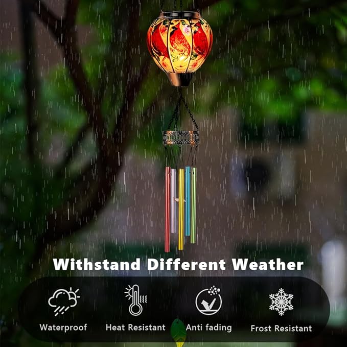 Cardinal Wind Chimes for Outside,Solar Wind Chimes with Solar Lights,Hanging Wind Chime Deep Tone,Windchimes Outdoor,Memorial Wind Chime for Mom,Outdoor Windchime for Loss of Loved One