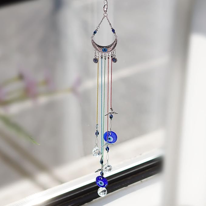 20inch Blue Evil Eye Hanging Crystals Suncatcher Ornament for Christmas Tree with Chakra Energy Crystal Ball Prism Pendant Rainbow Maker for Home Decor Protection
