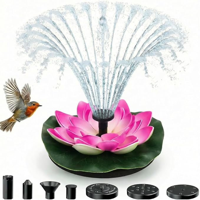 Bird Bath Fountains Solar Power for Outside, Small Solar Fountain for Bird Bath, Floating Lotus Solar Garden Fountain Pump Kit for Outdoors, Garden, Patio, Pond, Yard Decor (Pink, 4.3IN 1.2W)