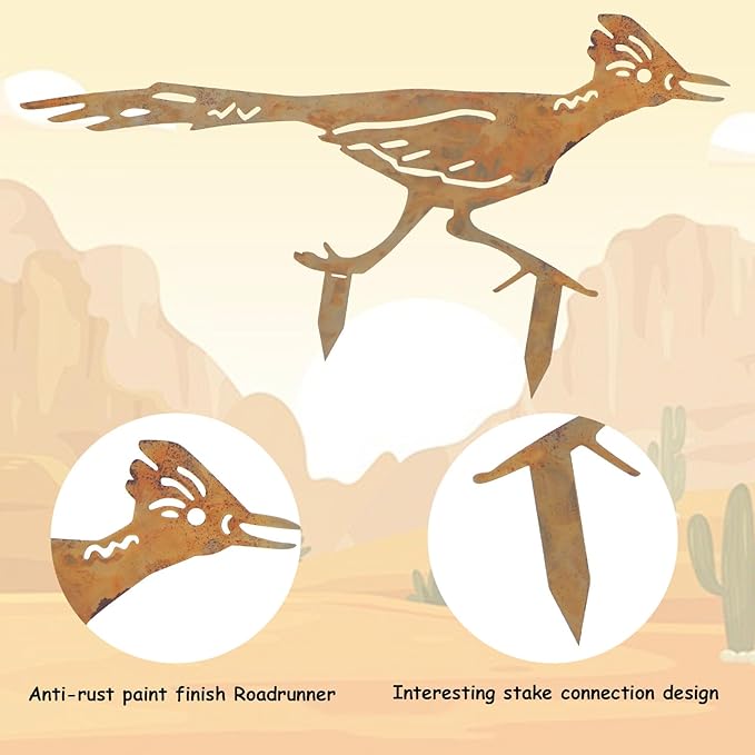 lasuroa 2pcs Metal Roadrunner Yard Art, Roadrunner Garden Stake Decorative Garden Stakes Rustic Desert Southwestern Decor for Outdoor Yard Lawn Patio Courtyard