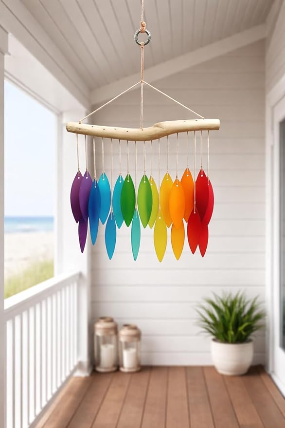 Rainbow Glass Wind Chime, Large 20″ – Multicolor Sandblasted Recycled Glass & Driftwood Coastal Hanging Chime for Porch, Patio & Home