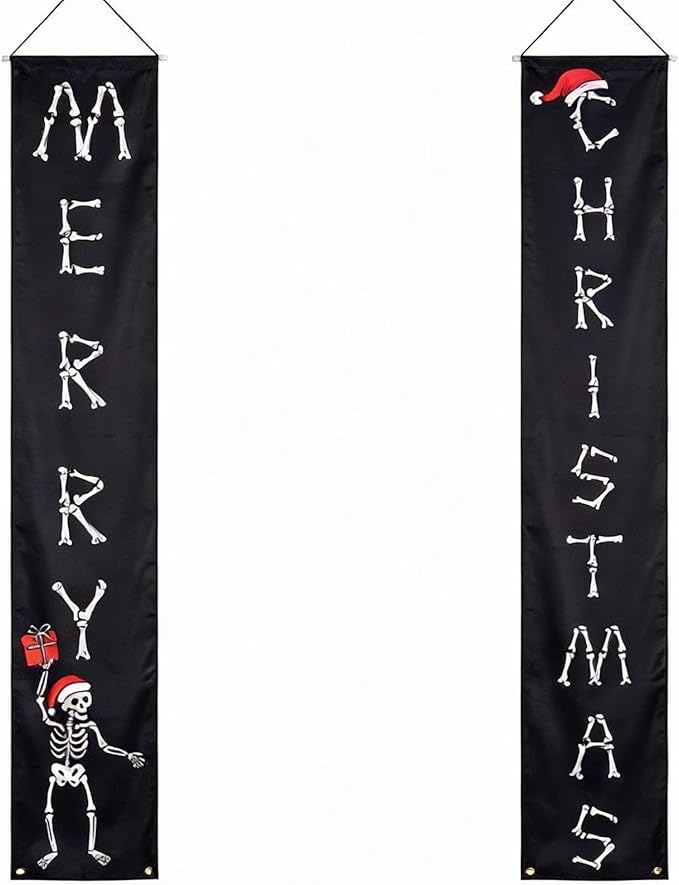 Gothic Christmas Door Banner Gothic Skeleton Christmas Decor for Outdoor, Spooky Skeleton Hanging Merry Xmas Porch Door Sign for Outside Yard Party Decor