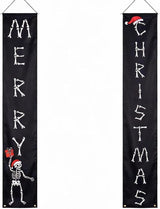 Gothic Christmas Door Banner Gothic Skeleton Christmas Decor for Outdoor, Spooky Skeleton Hanging Merry Xmas Porch Door Sign for Outside Yard Party Decor