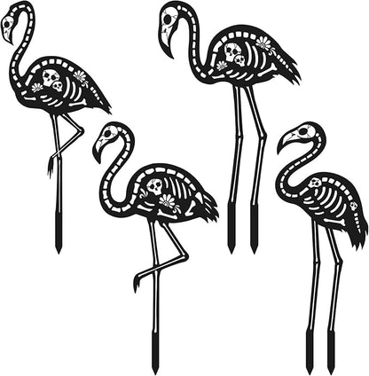 4pcs Halloween Skeleton Flamingo Yard Decorations, Skull Zombie Spooky Flamingo with Metal Stakes for Lawn Graveyard Outdoor & Halloween Outside Garden Ornaments (Black)
