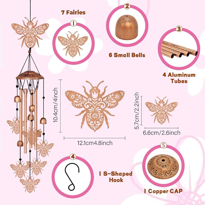 Wind Chimes for Outside, Bee Aluminum Tube Windchime Melodious Melodic for Porch Patio Garden Decor, Unique Metal Memorial Wind Chimes Housewarming Gifts for Friends and Family