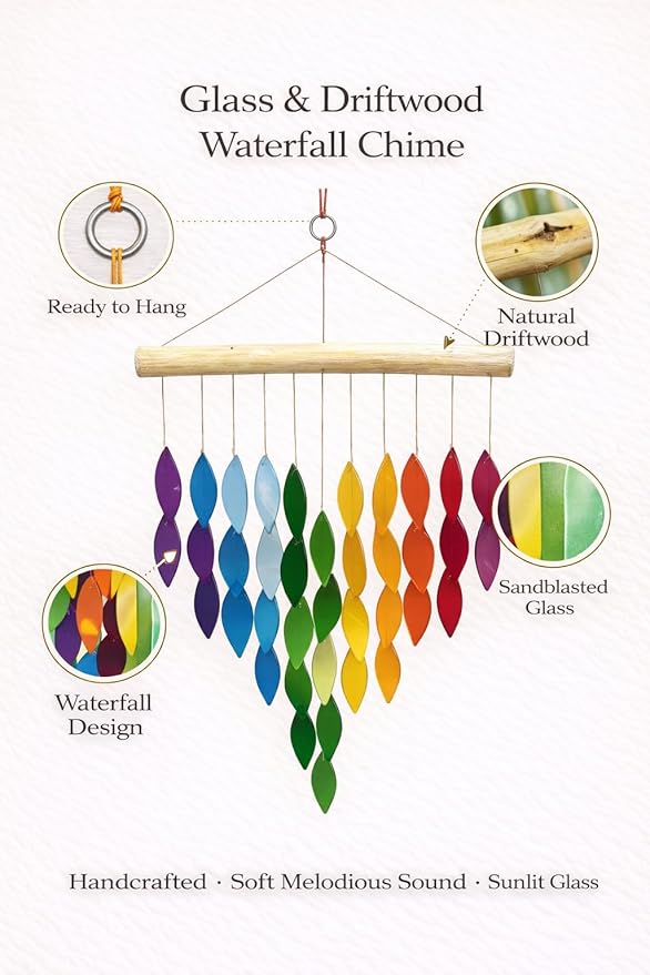 OMA Rainbow Waterfall Glass Wind Chime – Sandblasted Recycled Glass & Driftwood, Handcrafted Large 20″ Chime for Porch, Patio & Home