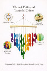 OMA Rainbow Waterfall Glass Wind Chime – Sandblasted Recycled Glass & Driftwood, Handcrafted Large 20″ Chime for Porch, Patio & Home