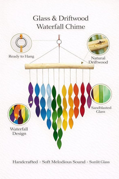 OMA Rainbow Waterfall Glass Wind Chime – Sandblasted Recycled Glass & Driftwood, Handcrafted Large 20″ Chime for Porch, Patio & Home