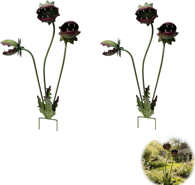 Metal Carnivorous Plant Garden Stake, 25-Inch Large Venus Flytrap Monster Plant Sculpture, whimsical vintage Outdoor Decor for Flower Beds, Patios & Planters, Unique Quirky Garden Gift (2PCS)