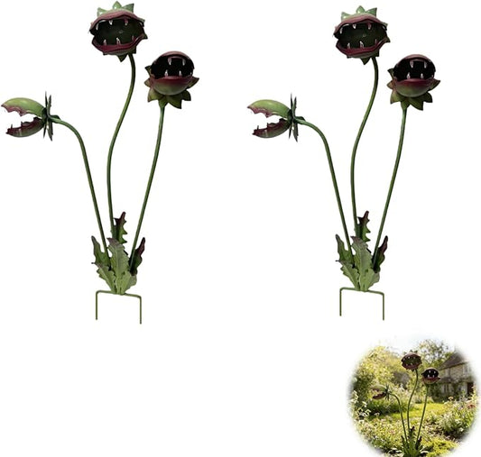 Metal Carnivorous Plant Garden Stake, 25-Inch Large Venus Flytrap Monster Plant Sculpture, whimsical vintage Outdoor Decor for Flower Beds, Patios & Planters, Unique Quirky Garden Gift (2PCS)