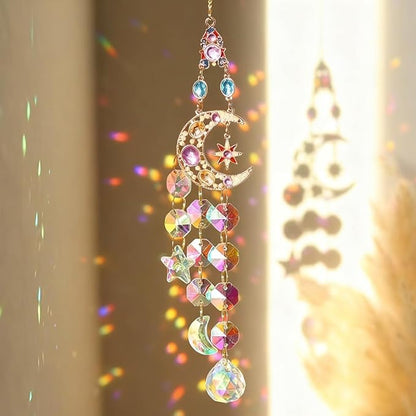 Crystal Sun Catchers for Windows, Gold-Plated Hanging Sun Catcher with Prisms - Rainbow Maker for Indoor Outdoor Garden Decor, Boho Light Catcher Gift for Home (Moon)