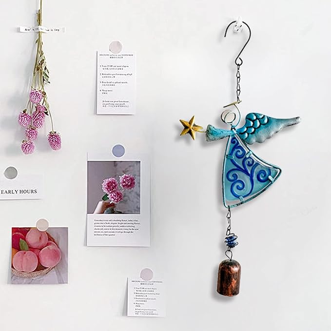 MrMrKura Metal Angel Wind Chime Hanging Decoration Ornament With Wing and Bell - Decorative Hanging Bells, Gifts for Home Garden Decor Crafts (Blue)