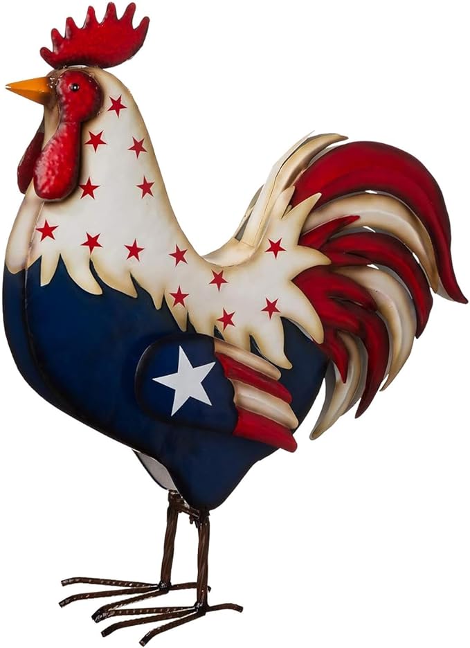 12 Inch Patriotic Metal Rooster Yard Decor 4th of July Outdoor Decorations 2D American Flag Red White and Blue Chicken Statue Iron Yard Sign for Garden Porch Independence Day Home Decor