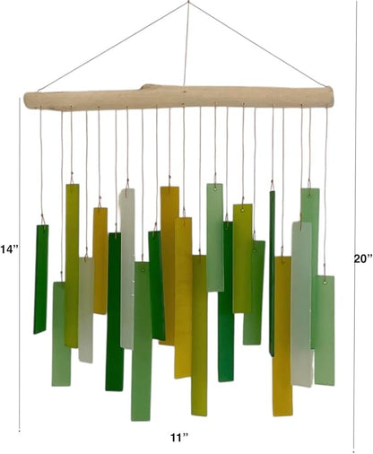 Glass Wind Chime, Large 20″ – Green Harmony Recycled Glass & Driftwood Hanging Chime for Porch, Patio & Home
