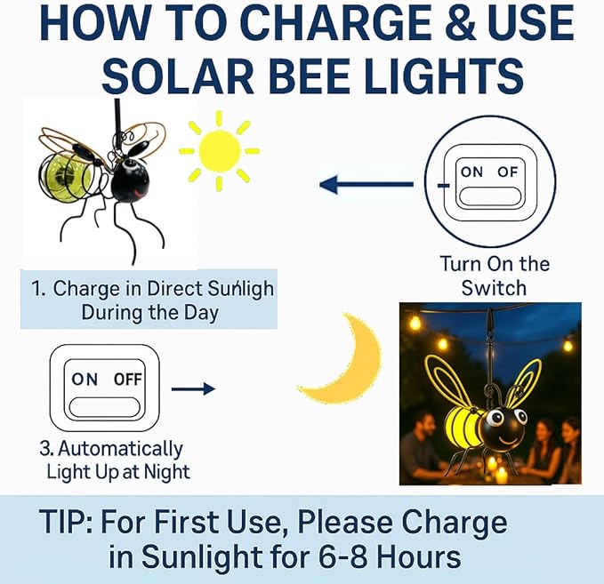 Solar Bee Lights Outdoor – Hanging Metal Bee Lights with Hook, Waterproof Garden Decorations for Yard, Patio & Trees, Winter Holiday Gifts & Outdoor Décor for Women & Kids (Gold-1PC)