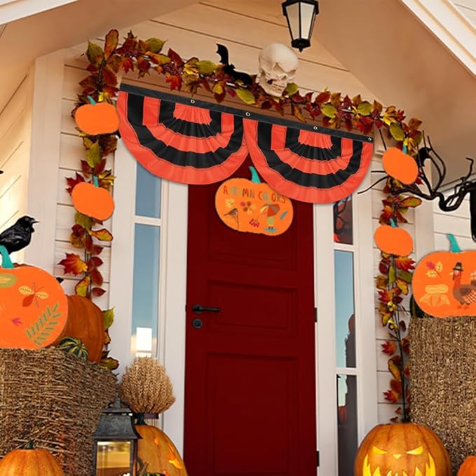 Halloween Bunting Flag 2 x 4 ft Fully Sewn Orange & Black 5 Stripe with 3 Grommets Pleated Half Fan Flag Bunting Banner Trick or Treat Halloween Decor Outside Porch Garden Outdoor Yard Indoor Home