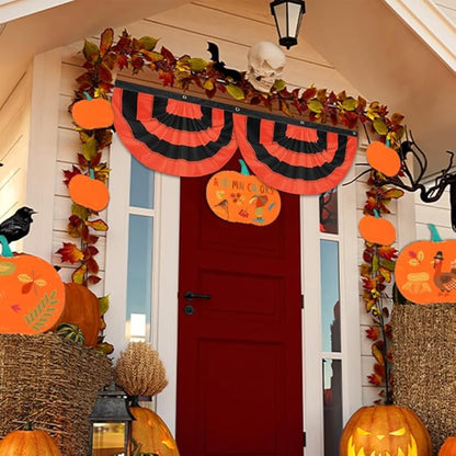 Halloween Bunting Flag 2 x 4 ft Fully Sewn Orange & Black 5 Stripe with 3 Grommets Pleated Half Fan Flag Bunting Banner Trick or Treat Halloween Decor Outside Porch Garden Outdoor Yard Indoor Home