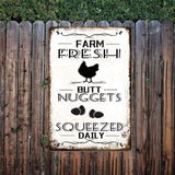 Farm Fresh Nuggets Squeezed Daily Chicken Metal Tin Sign Chicken Coop Signs for Coop Outdoor Funny Chicken Coop Decor Vintage Hen House Sign 12x8 Inch
