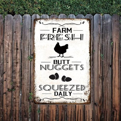 Farm Fresh Nuggets Squeezed Daily Chicken Metal Tin Sign Chicken Coop Signs for Coop Outdoor Funny Chicken Coop Decor Vintage Hen House Sign 12x8 Inch