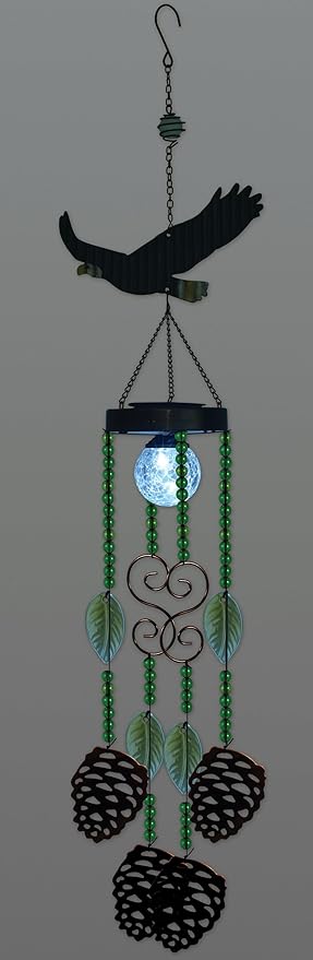 Sunset Vista Designs Wildlife Windchimes - Solar Lighted Wind Chime Indoor Outdoor, 33" Long, Eagle