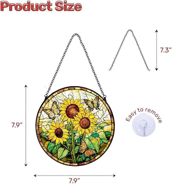GENANY Sunflowers Glass Window Hanging, Spring Sun Catcher with Metal Chain and Hook, Romantic Gifts for Women Friends Family, Garden Decor, Housewarming Gifts, Outdoor Decor