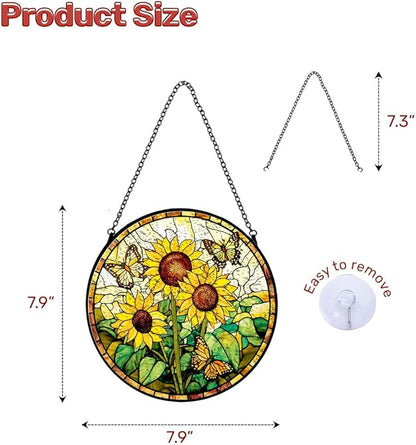 GENANY Sunflowers Glass Window Hanging, Spring Sun Catcher with Metal Chain and Hook, Romantic Gifts for Women Friends Family, Garden Decor, Housewarming Gifts, Outdoor Decor