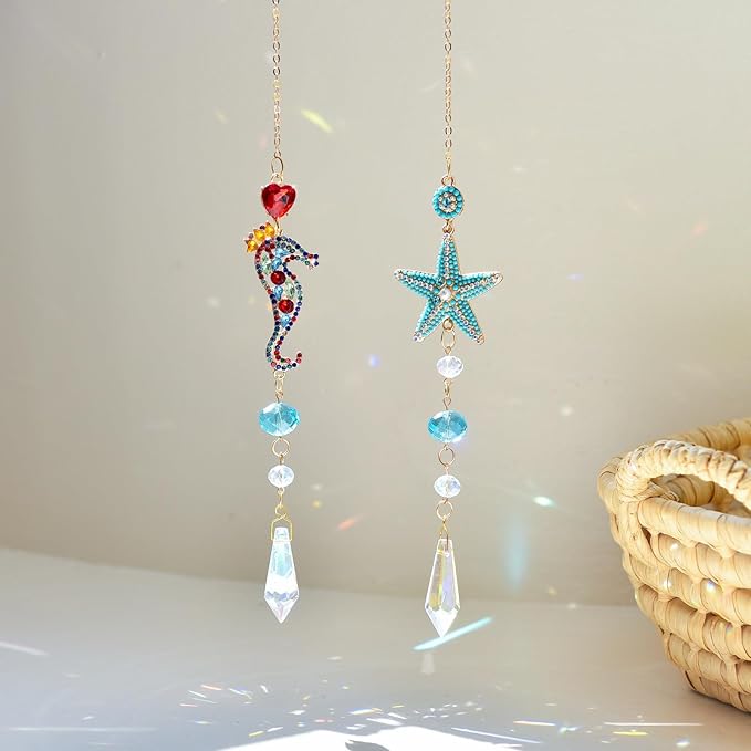 Bohemian Crystal Suncatcher Set - Starfish & Seahorse Hanging Ornaments with Crystals, Handmade Prism Sun Catcher for Window, Car, Garden, Party, Wedding, Home Decor