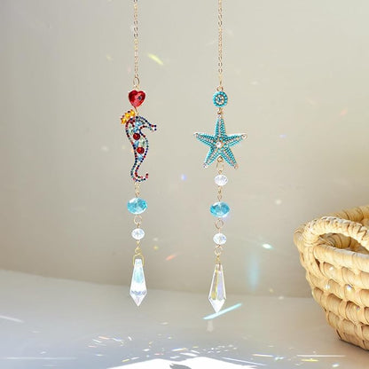 Bohemian Crystal Suncatcher Set - Starfish & Seahorse Hanging Ornaments with Crystals, Handmade Prism Sun Catcher for Window, Car, Garden, Party, Wedding, Home Decor