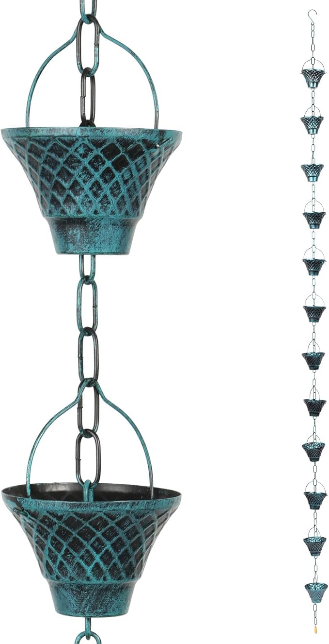 Rain Chains for Gutters, Outside Downspouts Metal Rain Catcher Diverter, 8.5 Ft Retro Rain Chains Decorative with Hook and 12 Metal Cups for Windowsill Garden Patio