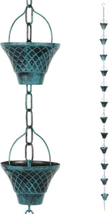 Rain Chains for Gutters, Outside Downspouts Metal Rain Catcher Diverter, 8.5 Ft Retro Rain Chains Decorative with Hook and 12 Metal Cups for Windowsill Garden Patio