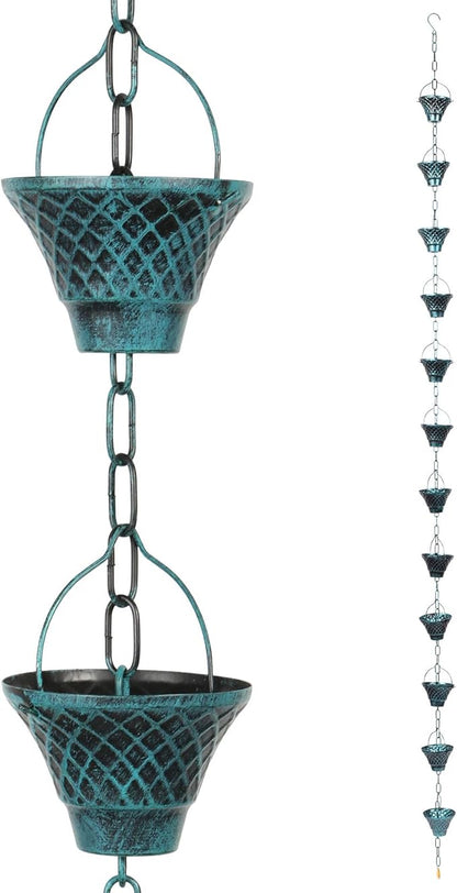 Rain Chains for Gutters, Outside Downspouts Metal Rain Catcher Diverter, 8.5 Ft Retro Rain Chains Decorative with Hook and 12 Metal Cups for Windowsill Garden Patio