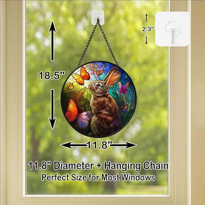 Stained Glass Window Hanging - Rabbit with Butterflies and Leaves Sun Catchers Indoor Stained Glass Panels Wall Decor for Mom Wife Lovers Festive