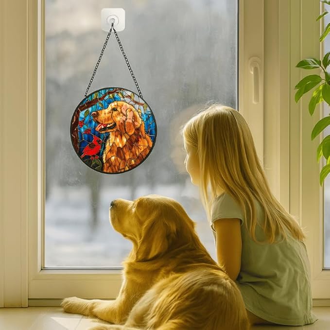 Stained Glass Window Hanging - Golden Retriever & Cardinal Bird 6.3in Sun Catchers Indoor Stained Glass Panels Wall Decor for Mom, Wife, Lovers, Festive