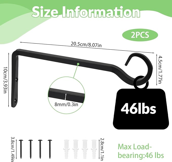 2 Pack Plant Hanger Bracket, 8 Inch Plant Hangers Outdoor, Metal Plant Hooks for Hanging Plants, Bird Feeder, Flower Basket, Wind Chimes, Lantern, Indoor Outdoor (Black)