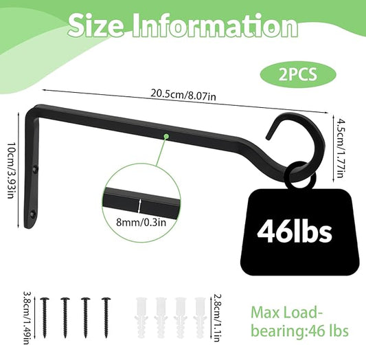 2 Pack Plant Hanger Bracket, 8 Inch Plant Hangers Outdoor, Metal Plant Hooks for Hanging Plants, Bird Feeder, Flower Basket, Wind Chimes, Lantern, Indoor Outdoor (Black)
