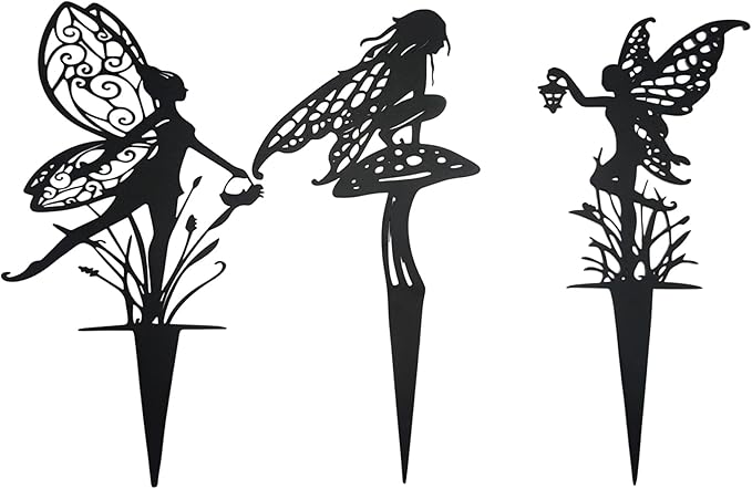 Decorative Garden Stakes， Fairy Garden Stakes, Butterfly Fairy Stakes for Weather Resistant Black Metal Outdoor Decorative Art for Women Gift (Matte Black, 3P-A)