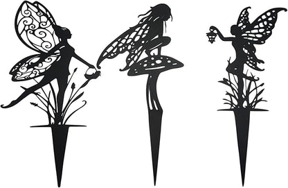 Decorative Garden Stakes， Fairy Garden Stakes, Butterfly Fairy Stakes for Weather Resistant Black Metal Outdoor Decorative Art for Women Gift (Matte Black, 3P-A)