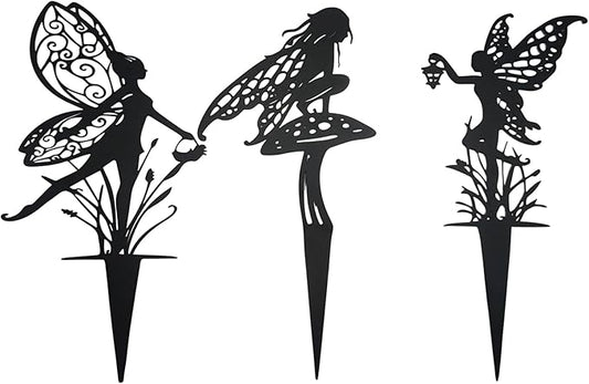 Decorative Garden Stakes， Fairy Garden Stakes, Butterfly Fairy Stakes for Weather Resistant Black Metal Outdoor Decorative Art for Women Gift (Matte Black, 3P-A)
