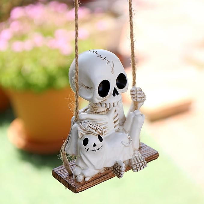 Swing Skeleton Holding Ghost Cat Garden Statue Outdoor Halloween Decor, 3.15 Inch Cute Skull Figurine Resin Sculpture Funny Tree Hanging Ornaments for Patio Lawn Yard