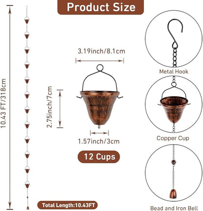 dreamysoul Copper Rain Chains for Outside, 10.43FT with 12 Cups Rain Catcher Chains for Downspout Gutters, Eaves Drainage