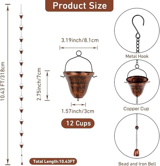 dreamysoul Copper Rain Chains for Outside, 10.43FT with 12 Cups Rain Catcher Chains for Downspout Gutters, Eaves Drainage