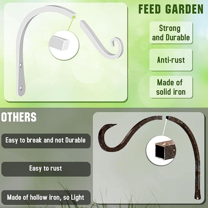 FEED GARDEN Heavy Duty Plant Hooks - 2 Pack 8 Inch Wall Mounted Hanging Brackets, 44lb Capacity Steel Plant Hangers for Bird Feeders, Baskets, Wind Chimes -White