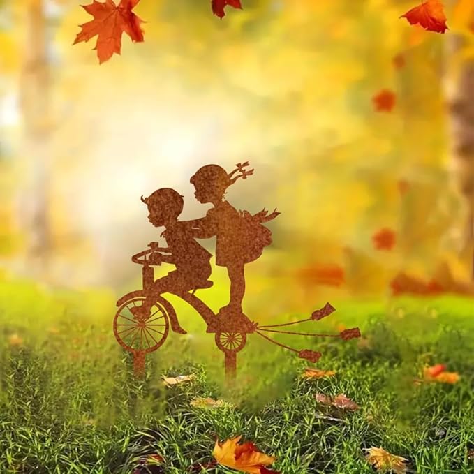 Rusty Metal Bicycle Art Silhouettes Garden Fence Decor Boy and Girl Robin Steel Country Garden Yard Art Gardening Decoration, MELI36