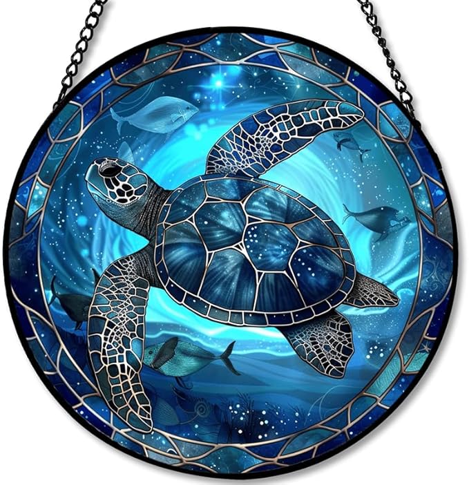 Stained Glass Window Hanging - Blue Rose and Vintage Frame Sun Catchers Indoor Stained Glass Panels Wall Decor for Mom, Wife, Lovers, Festive, 9.8in