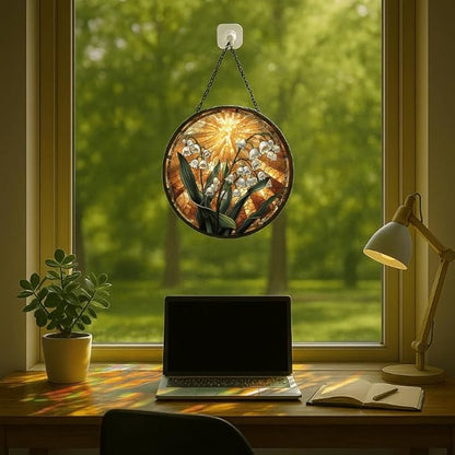 Stained Glass Window Hanging Lily of The Valley with Sunburst 6.3in Floral Sun Catcher, Vintage Rustic Home Decor
